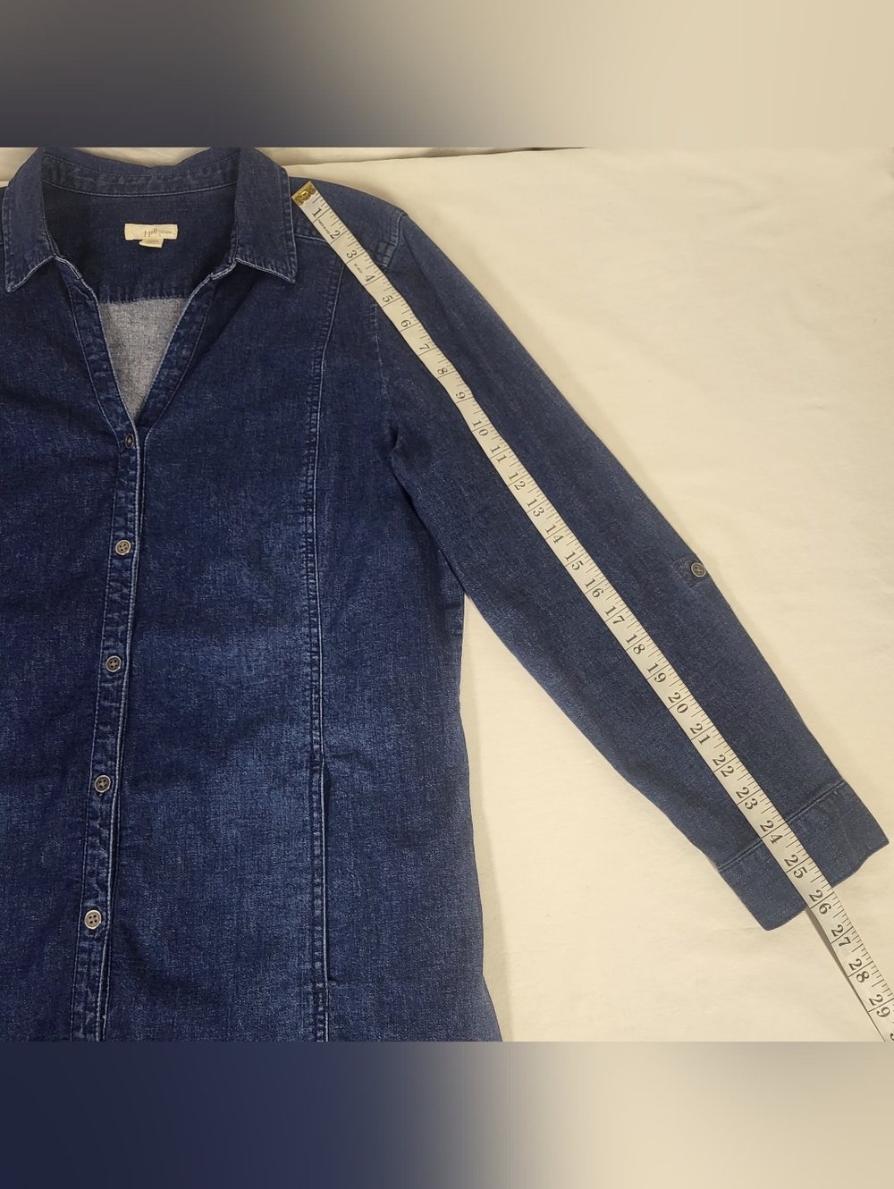 J.jill Denim Long Sleeve Roll Tab Full Button Up Blue Denim Dress Large Petite - Picture 10 of 15